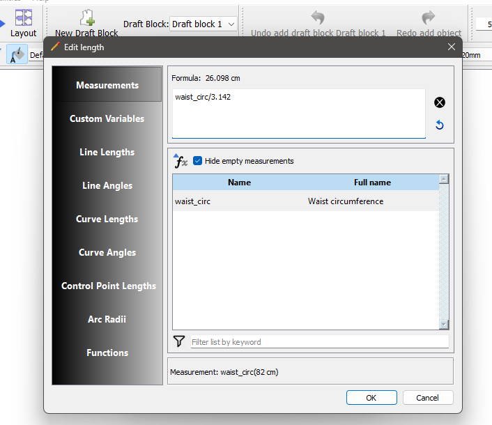 Seamly2D "Point - Length and Angle" dialog with base point A, length formula waist_circ/3.142 , and angle 270°.