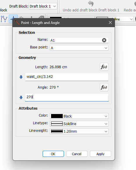 Seamly2D "Edit length" dialog with the formula waist_circ/4 entered and the Measurements list showing waist_circ (82 cm).