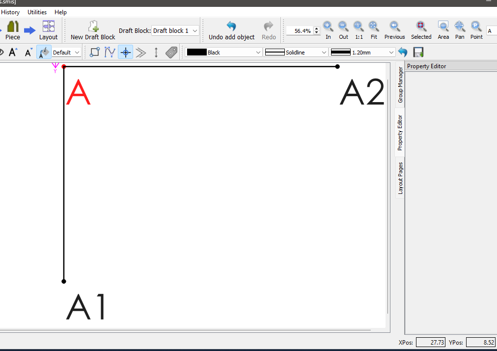 Seamly2D canvas showing an L-shaped layout with point A in the corner, a vertical line down to A1, and a horizontal line across to A2.