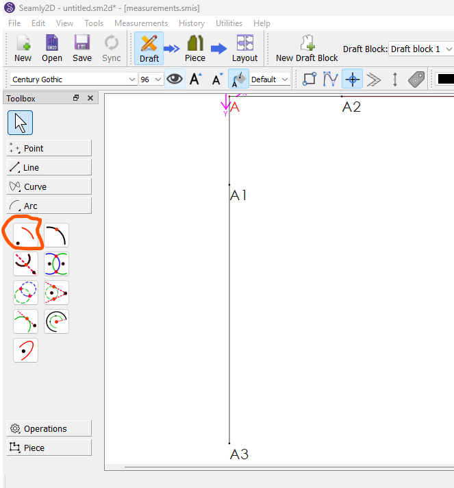 Seamly2D Arc toolbox open with the first arc tool circled in