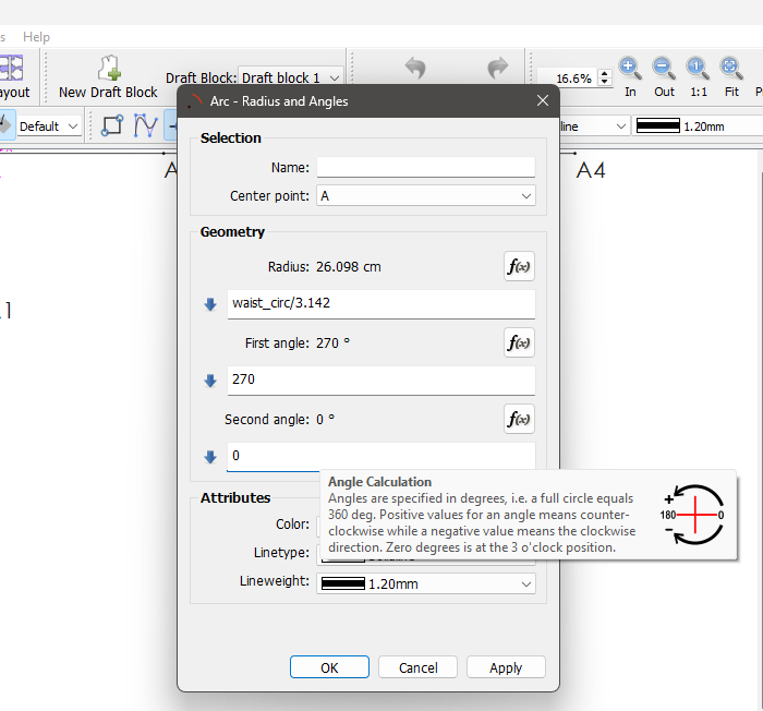 "Arc - Radius and Angles" dialog with center point A, radius waist_circ/3.142 (26.098 cm), first angle 270°, second angle 0°, and an Angle Calculation tooltip explaining how angles are measured.