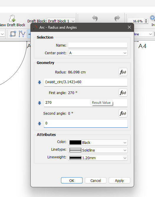 "Arc - Radius and Angles" dialog with center point A, radius formula (waist_circ/3.142)+60 (86.098 cm), first angle 270°, and second angle 0°.