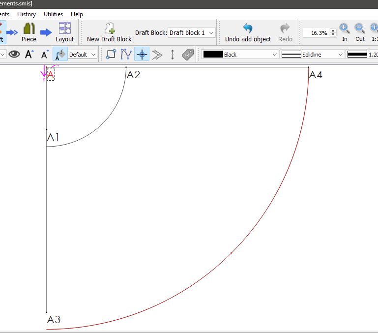 Seamly2D canvas showing two quarter-circle arcs centered on point A, a smaller one connecting A1 to A2 and a larger red one connecting A3 to A4.