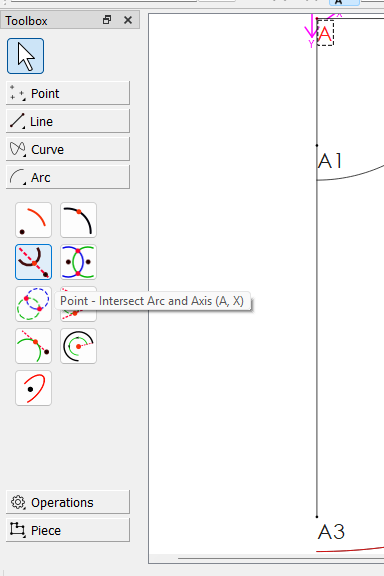 Seamly2D Arc toolbox with the "Point - Intersect Arc and Axis" tool highlighted and its tooltip showing, next to a canvas with point A and a vertical line down to A3.