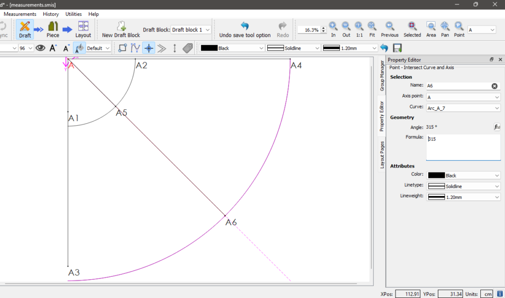 Seamly2D canvas with a diagonal line from point A at 315° crossing the small arc at A5 and the large arc at A6, and the Property Editor showing "Point - Intersect Curve and Axis" for A6.