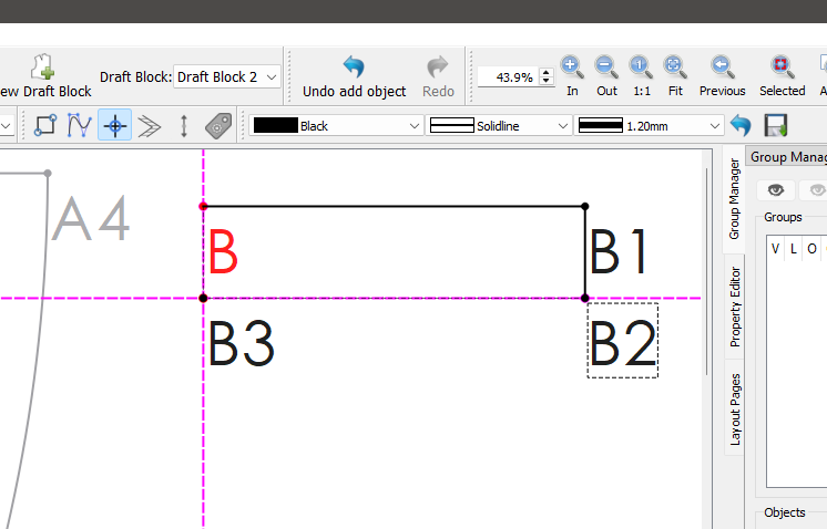 Seamly2D canvas in Draft block 2 showing a rectangle outline with points B, B1, B2, and B3, crossed by pink dashed guide lines, with part of the earlier pattern visible at A4 on the left.