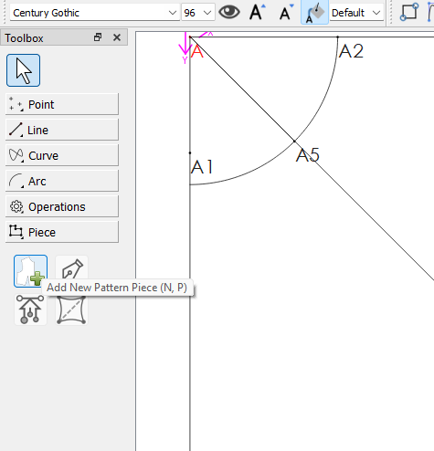 Seamly2D Piece toolbox with the "Add New Pattern Piece" tool highlighted and its tooltip showing, beside the canvas with points A, A1, A2, and A5.