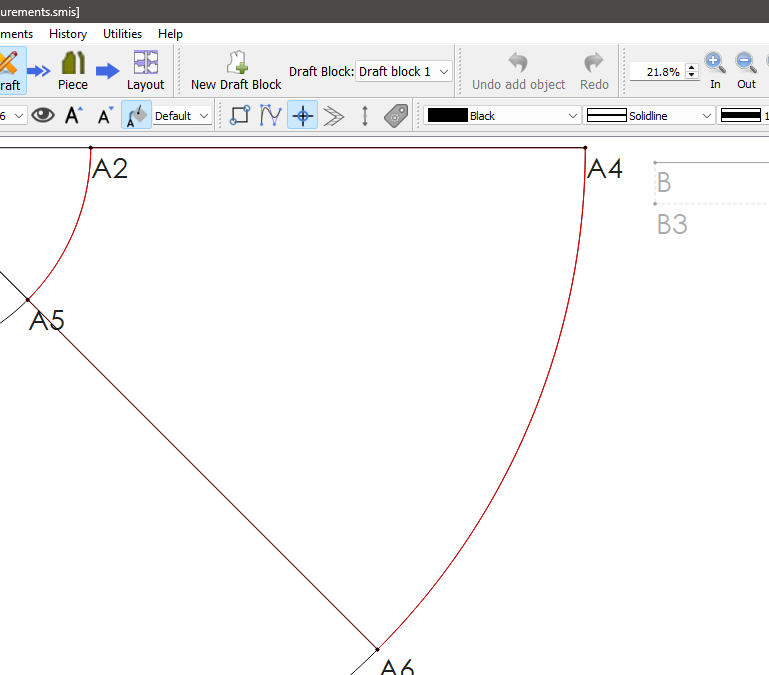 Seamly2D canvas with red-highlighted outline running along the arc from A2 through A5 and A6 and up to A4, with the greyed-out B rectangle visible at the top right.