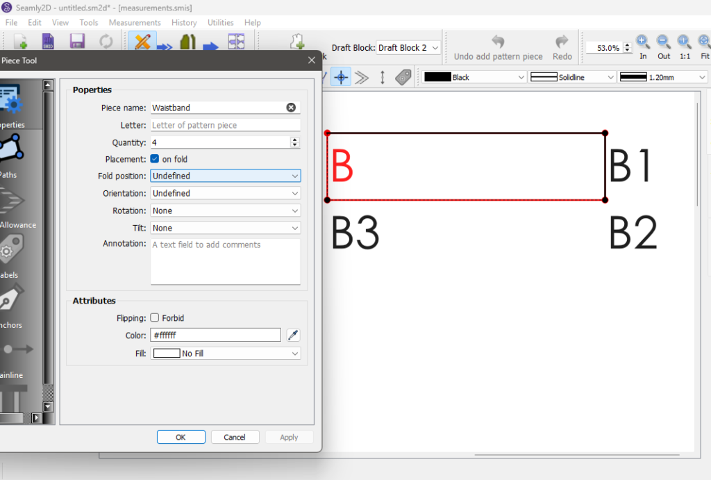 Seamly2D "Pattern Piece Tool" dialog with the piece named Waistband, quantity 4, and "on fold" checked, beside a rectangle outline with points B, B1, B2, and B3.