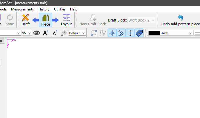 Seamly2D window in Piece mode with the Piece button selected and an empty canvas.