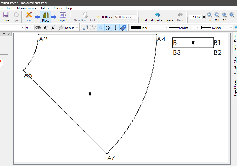 Seamly2D in Piece mode showing the half circle skirt piece with points A2, A4, A5, and A6, and the small rectangular waistband piece with points B, B1, B2, and B3.