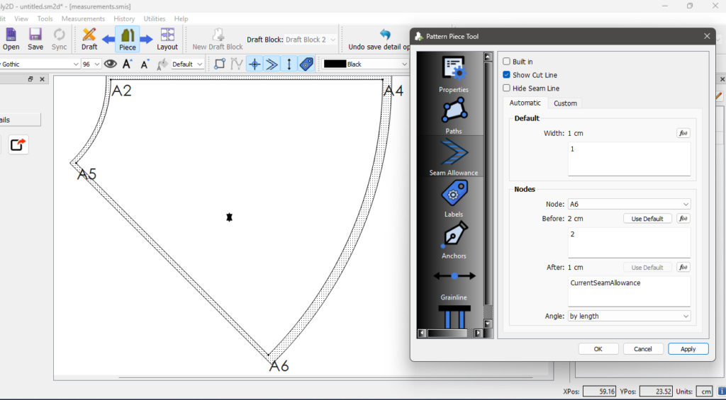 Seamly2D "Pattern Piece Tool" dialog on the Seam Allowance tab with node A6 selected and its "before" allowance set to 2 cm, beside the skirt piece with a dotted seam allowance.