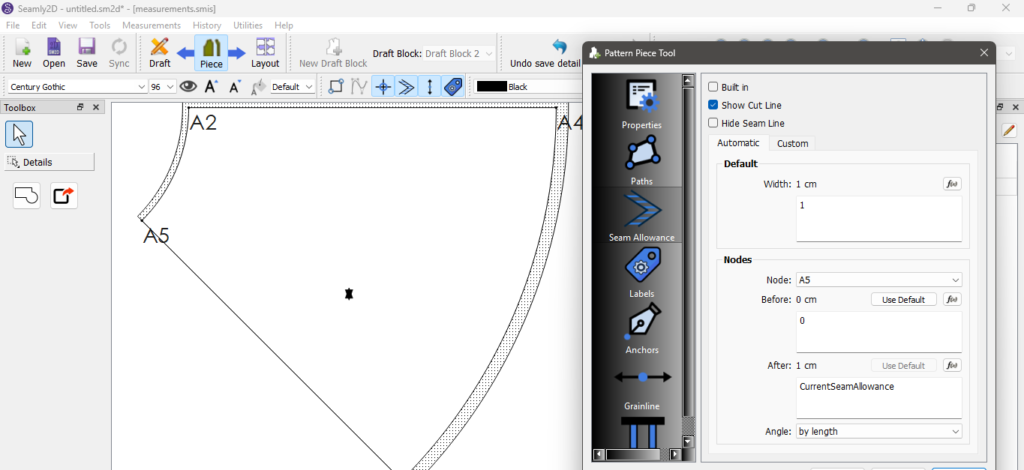Seamly2D "Pattern Piece Tool" dialog on the Seam Allowance tab with a 1 cm default width and node A5 selected, beside a skirt piece with a dotted seam allowance around it.