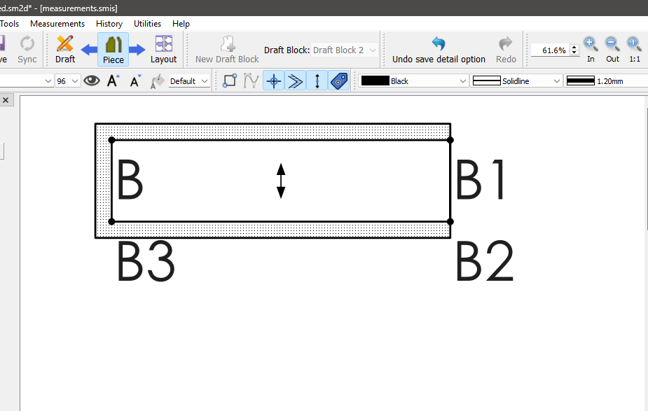 Seamly2D canvas in Piece mode showing the waistband piece with points B, B1, B2, and B3, a dotted seam allowance around it, and a vertical double-headed grainline arrow.