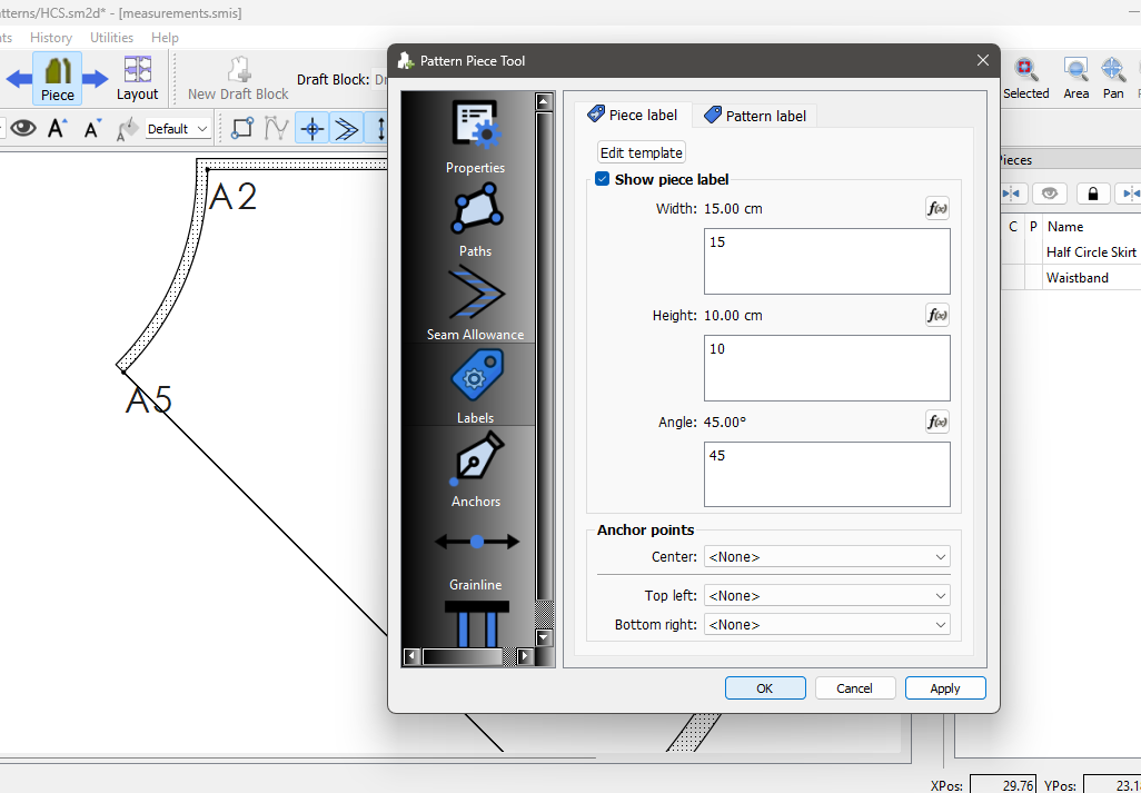 Seamly2D "Pattern Piece Tool" dialog on the Labels tab, with "Show piece label" checked and the label set to 15 cm wide, 10 cm high, at a 45° angle.