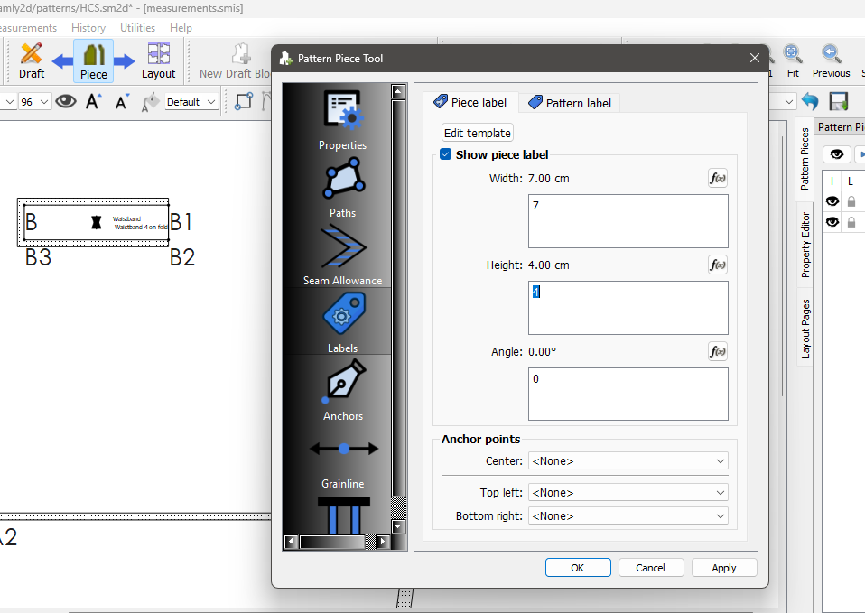 Seamly2D "Pattern Piece Tool" dialog on the Labels tab with "Show piece label" checked and the label set to 7 cm wide, 4 cm high, at 0°, beside a small waistband piece.