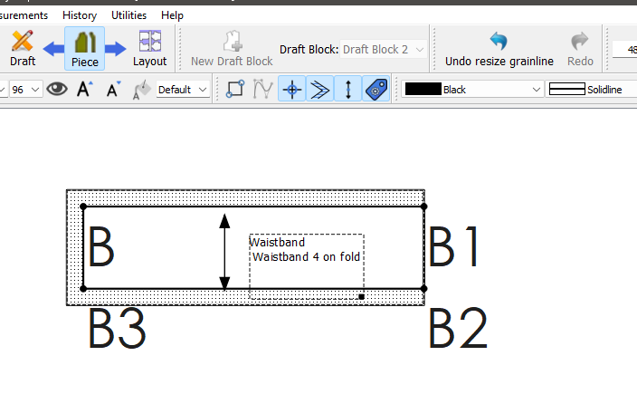 Seamly2D canvas in Piece mode showing the waistband piece with points B, B1, B2, and B3, a vertical grainline arrow, and a dashed label box reading "Waistband, Waistband 4 on fold."