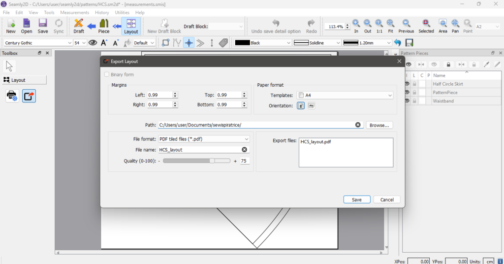 Seamly2D "Export Layout" dialog set to A4 with the file format PDF tiled files, file name HCS_layout, and quality at 75.