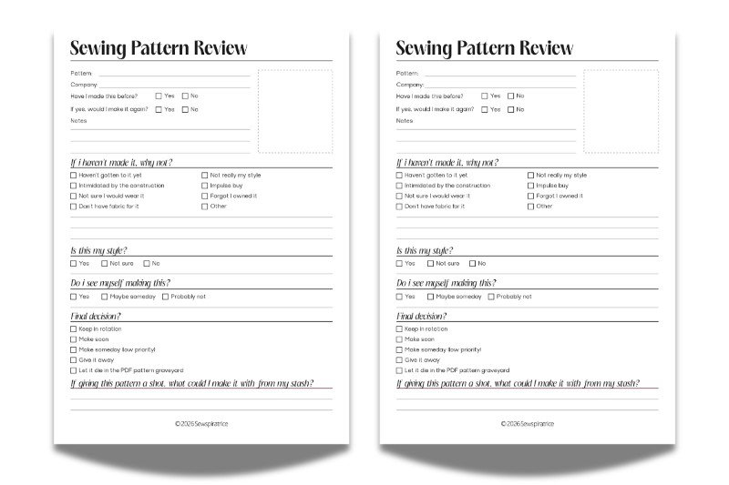 Two side-by-side mockups of a printable “Sewing Pattern Review” worksheet, with sections for reviewing why a pattern was not made, personal style, making the pattern, final decisions, and possible fabric stash pairings.