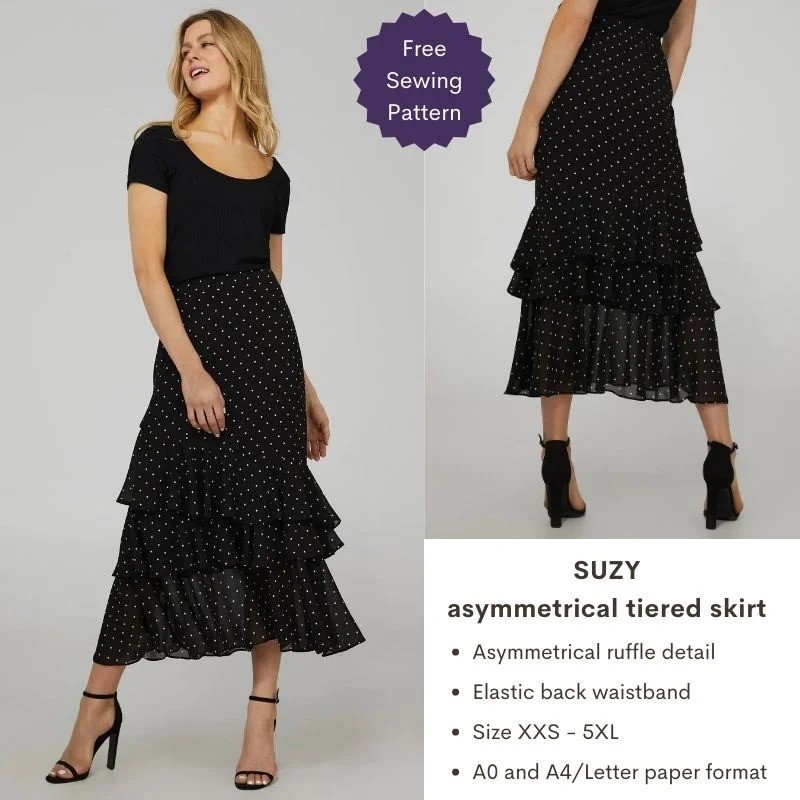 Woman in a black polka dot asymmetrical tiered ruffle skirt with a black top and heels, shown from front and back, Suzy Asymmetrical Tiered Skirt free sewing pattern, sizes XXS-5XL