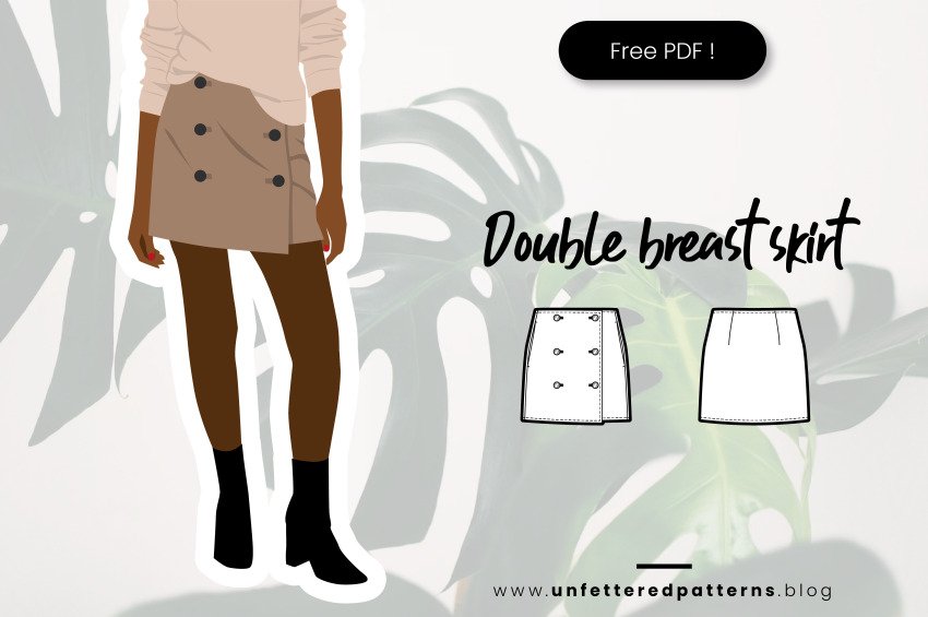 Illustration of a tan double-breasted button skirt with a cream sweater, brown tights and black boots beside a front and back flat sketch, Double Breast Skirt free PDF pattern from Unfettered Patterns