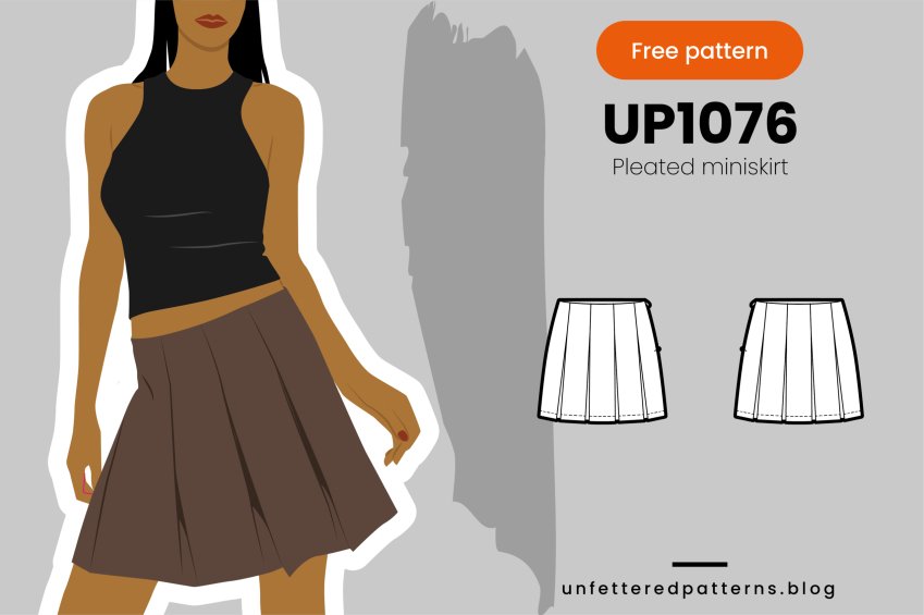 Illustration of a brown pleated miniskirt with a black sleeveless top beside a front and back flat sketch, UP1076 Pleated Miniskirt free pattern from Unfettered Patterns
