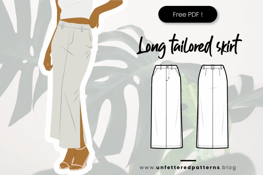 Illustration of a long tailored skirt in light gray with a fitted waistband, worn with strappy heels, beside a front and back flat sketch, Long Tailored Skirt free PDF pattern from Unfettered Patterns