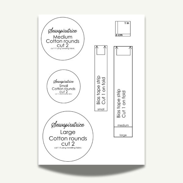 Printable sewing pattern template sheet for cotton rounds in small, medium, and large sizes, including bias tape strips and a test square