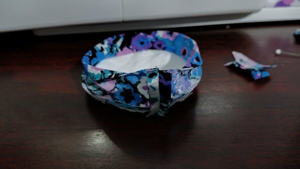 Floral bias strip with a vertical seam and the seam allowance pressed open